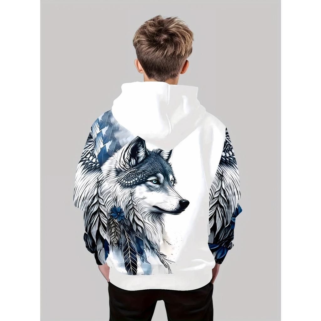 Boy's Wolf Totem 3D Printed White Hoodie, Blue and White Ink Style Fashionable Boy's Hoodie