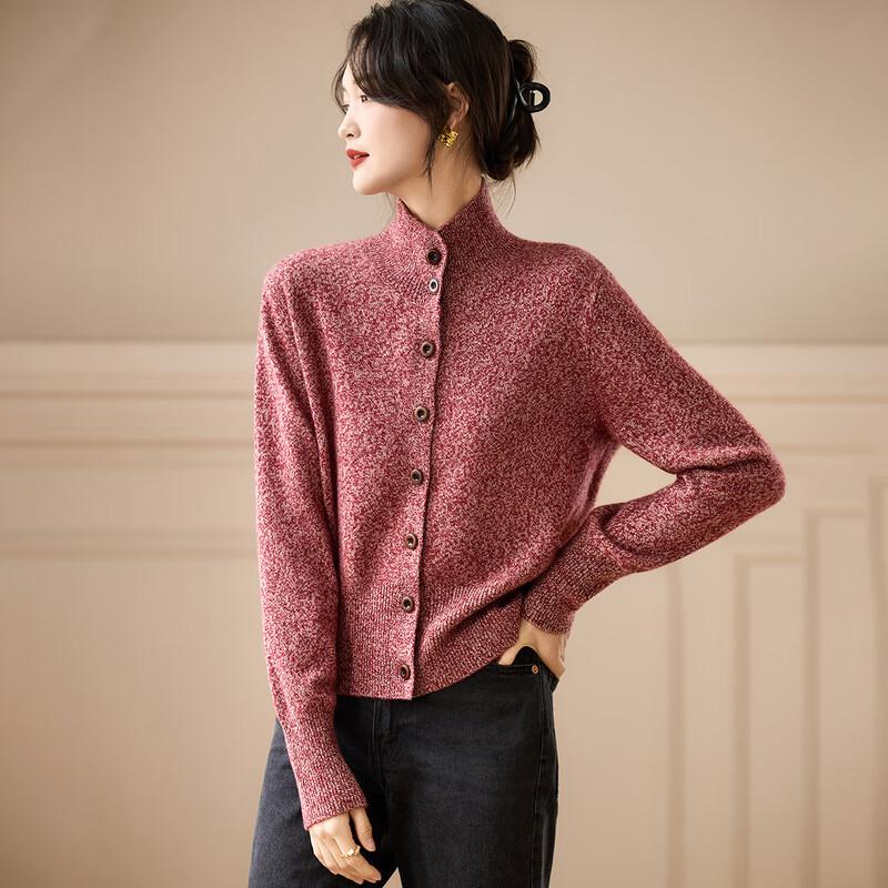 Srcr Women's 100% Wool Semi-High Collar Cardigan Sweater