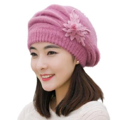 Knitted Beret Hat With Rabbit Furs Flower Decors Pullover Hat Winter Headwear For Women Winter Warmth Headwear