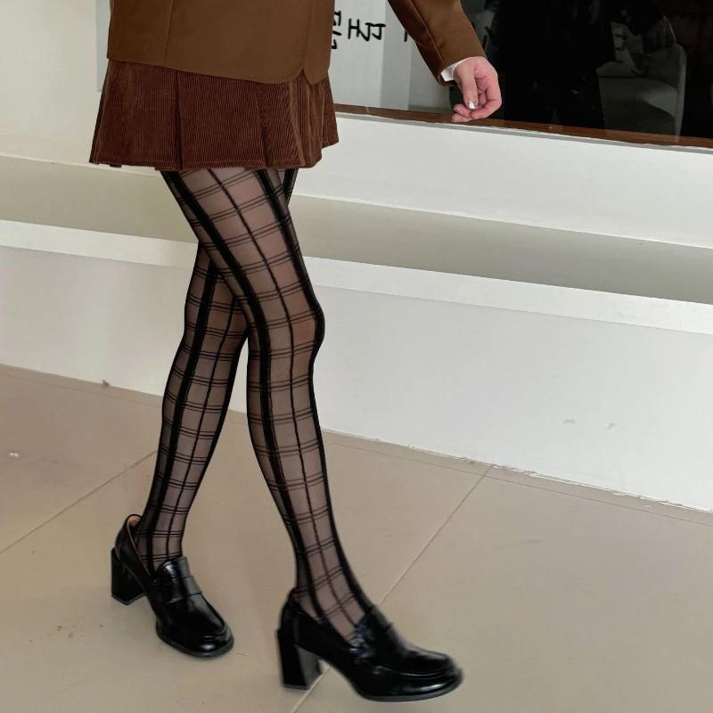 Jk Plaid Women Tights Pantyhose Black Pattern Thigh High Stockings Tights Women Sexy Lingerie Y2K Body Stockings Tight Pantyhose