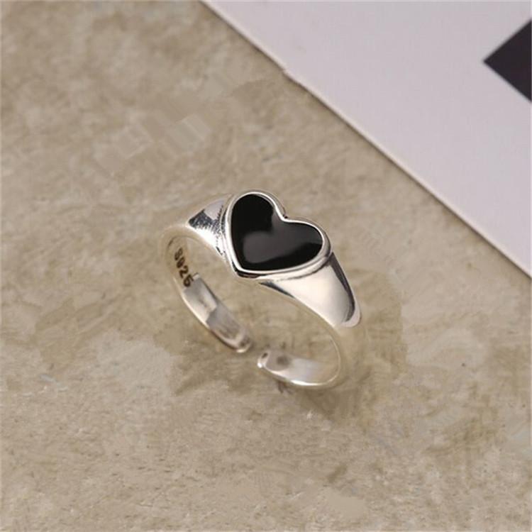 Sweet And Cool Epoxy Black Love 925 Sterling Silver Jewelry Personality Heart Shaped Fashion Temperament Opening Rings TYB010