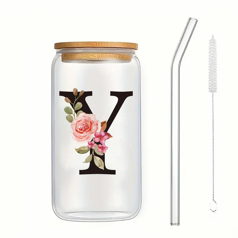 

Алфавит Цветы Питьевой стакан Буква AZ Холодный кофе Вода Сок Бутылка Портативная прозрачная чашка с крышкой Соломенная щетка Подарки на день рождения 500ml