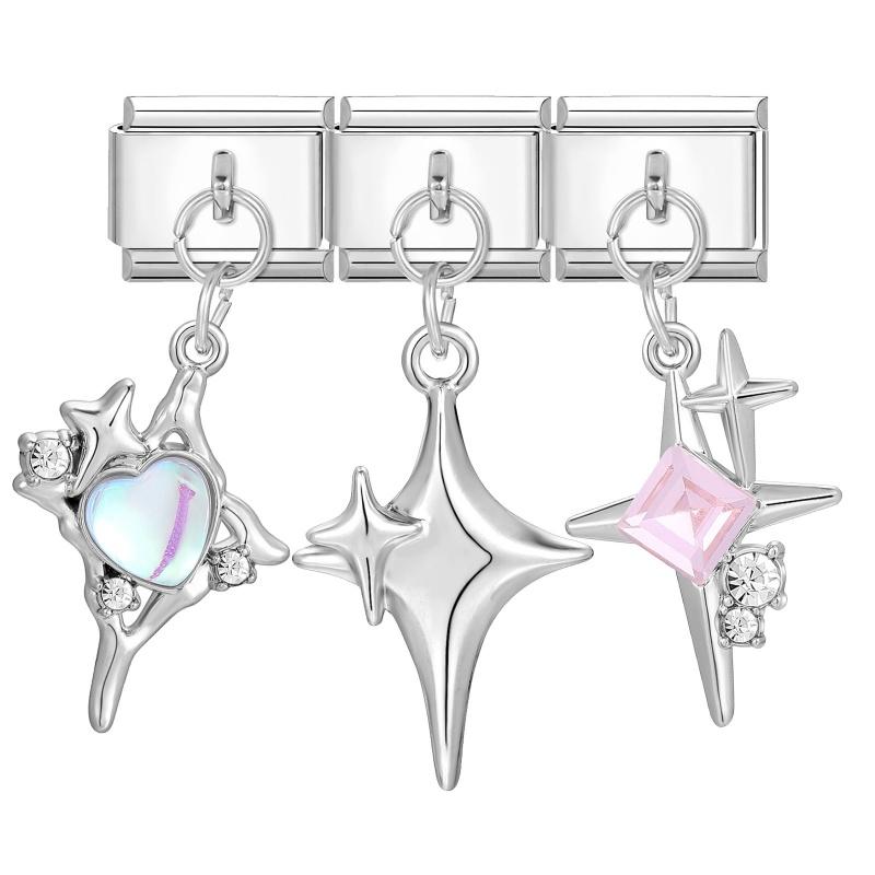 Y2K 3PCS Colorful Crystal Zircon Pendant Moon Star Bow Italian Charm Links Stainless Steel Fit 9mm Bracelet Jewelry DIY Making