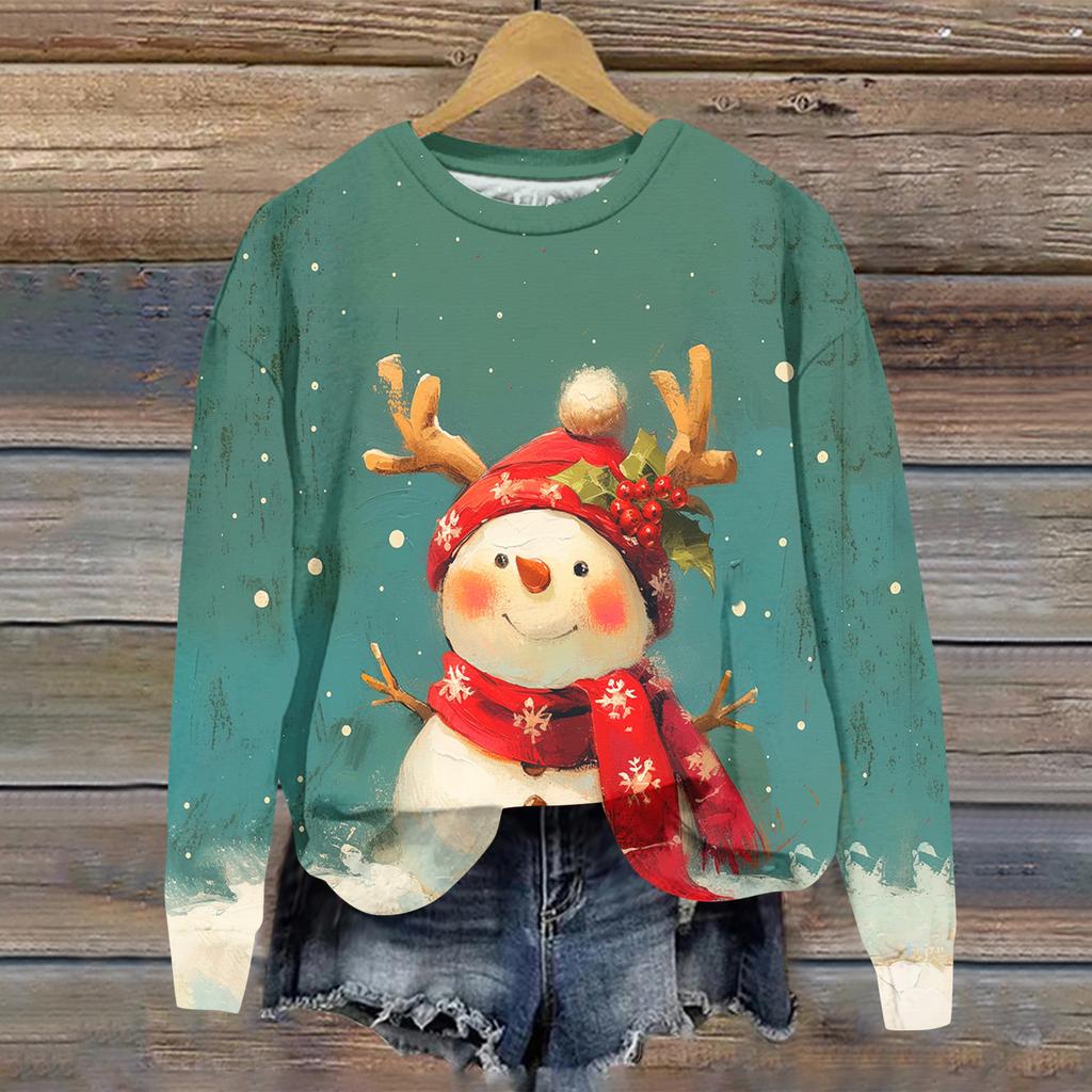 Ladies' Christmas Printed Long Sleeved Round Neck Hoodie Loose Top