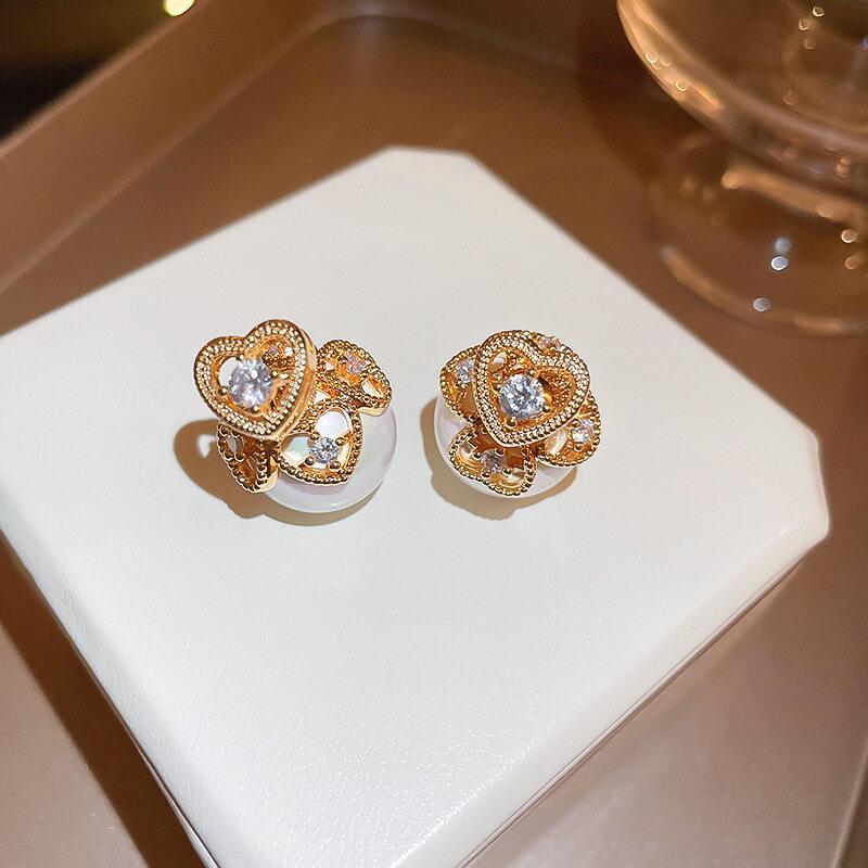 Faux Pearl Two-sided Shell Zircon Earring Elegant Fashion Women Shiny Crystal Imitation Pearl Handmade Earrings Party Jewelry Gift