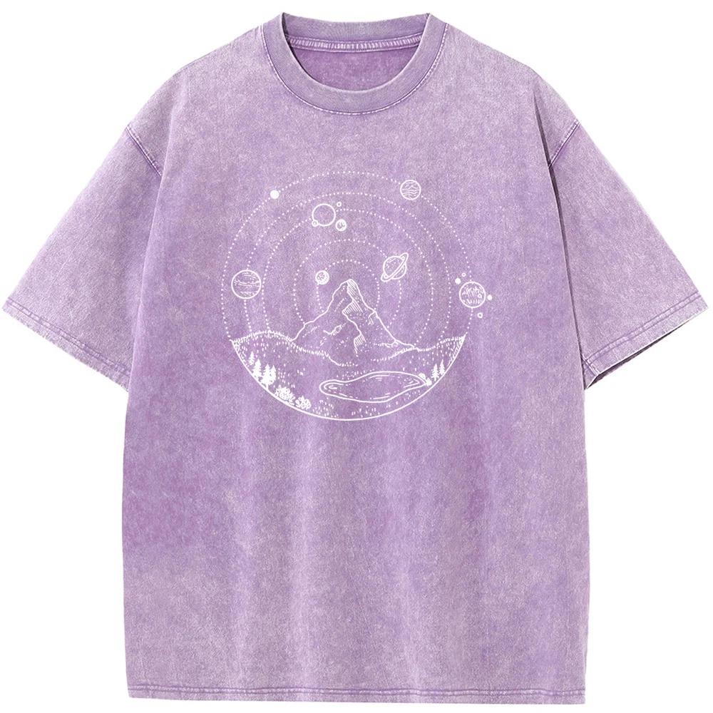Mountain Print Unisex Washed T-Shirt Novelty Summer Bleached Tshirt Funny Casual Loose Bleach Tops Tee