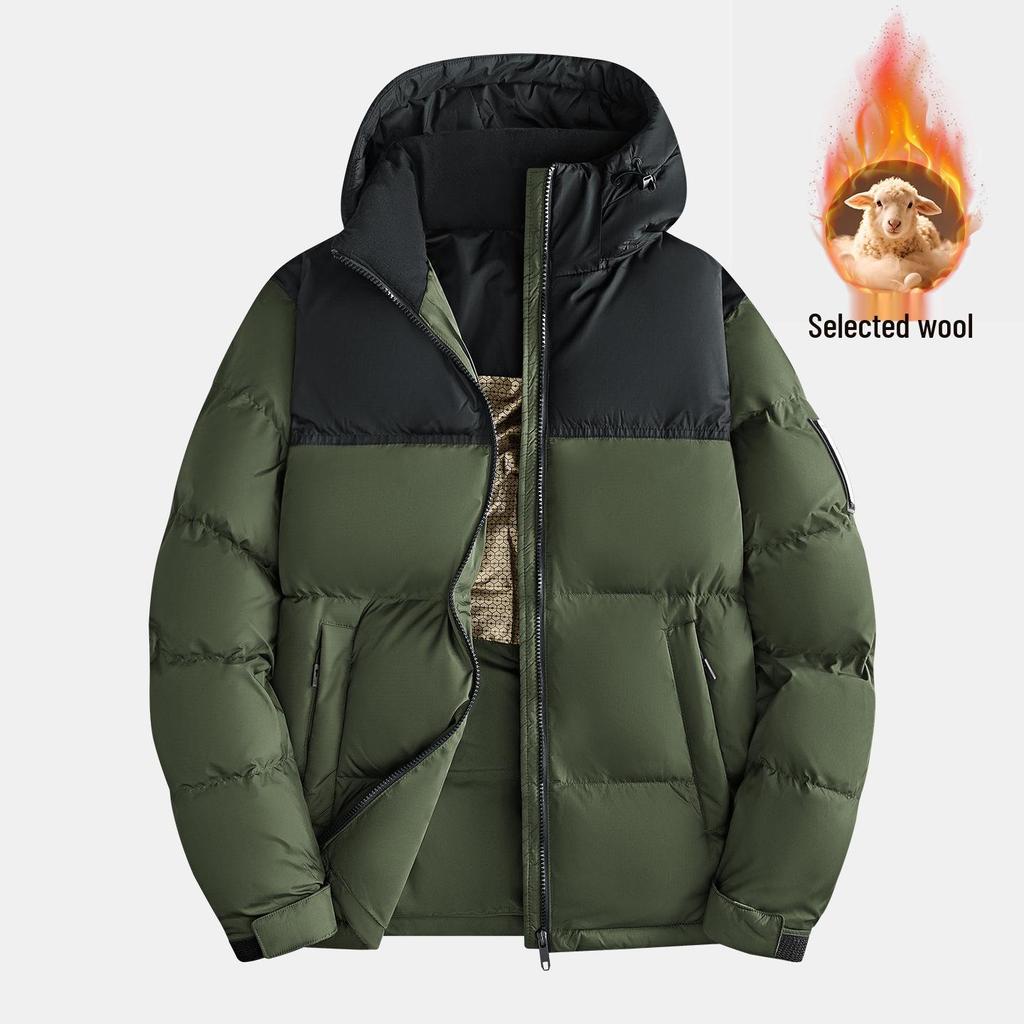 Men's Color Block Hooded Down Cotton Jacket with Wool Filling - Thick, Warm, Loose-Fit, Stand Collar Winter Coat
