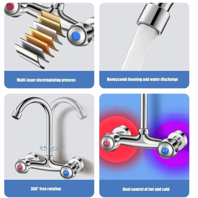 360 Rotate Wall Mounted Kitchen Faucet Double Handle Operation Strong Brass Construction Hot Cold Water Control