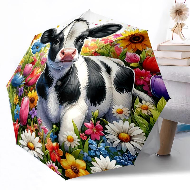Cows in Flower Field Outdoor Automatic Umbrella Retractable Design with 8-Rib Durability Lightweight Perfect Gift for Friends Family