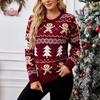 Moda feminina vermelha manga comprida gola redonda suéter de natal
