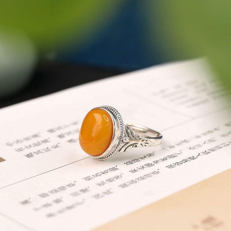 Adjustable Vintage Butterfly Motif Oval Resin Ring Women Men Boho Ethnic Style Copper Jewelry