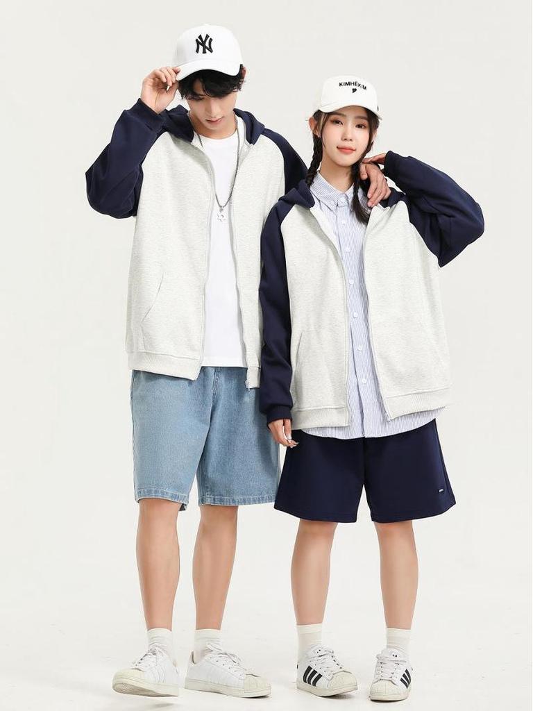 320g Unisex Youthful Trendy Loose Color Block Zipper Raglan Hoodie Cardigan