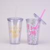 Gifts Wedding Water Cup 16Oz Double Layer Plastic Straw Cup Transparent Simple Sequin Plastic Cup Female