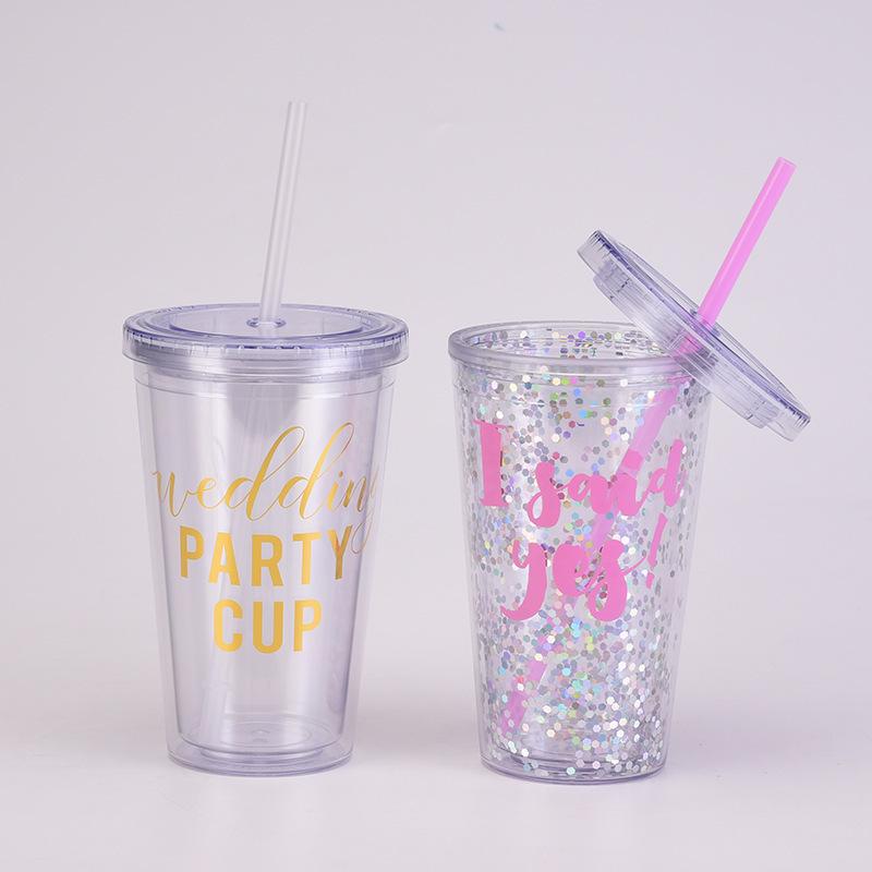 Gifts Wedding Water Cup 16Oz Double Layer Plastic Straw Cup Transparent Simple Sequin Plastic Cup Female