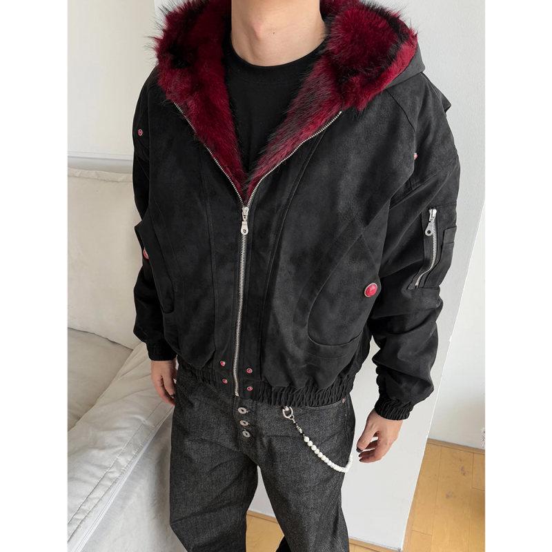 

Men s Retro Red Fur Heavyweight PU Leather Cotton Jacket L (110-130 jin)