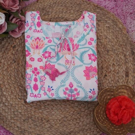 Blush Pink Floral Printed Cotton Peplum Tunic with Tassel Accents