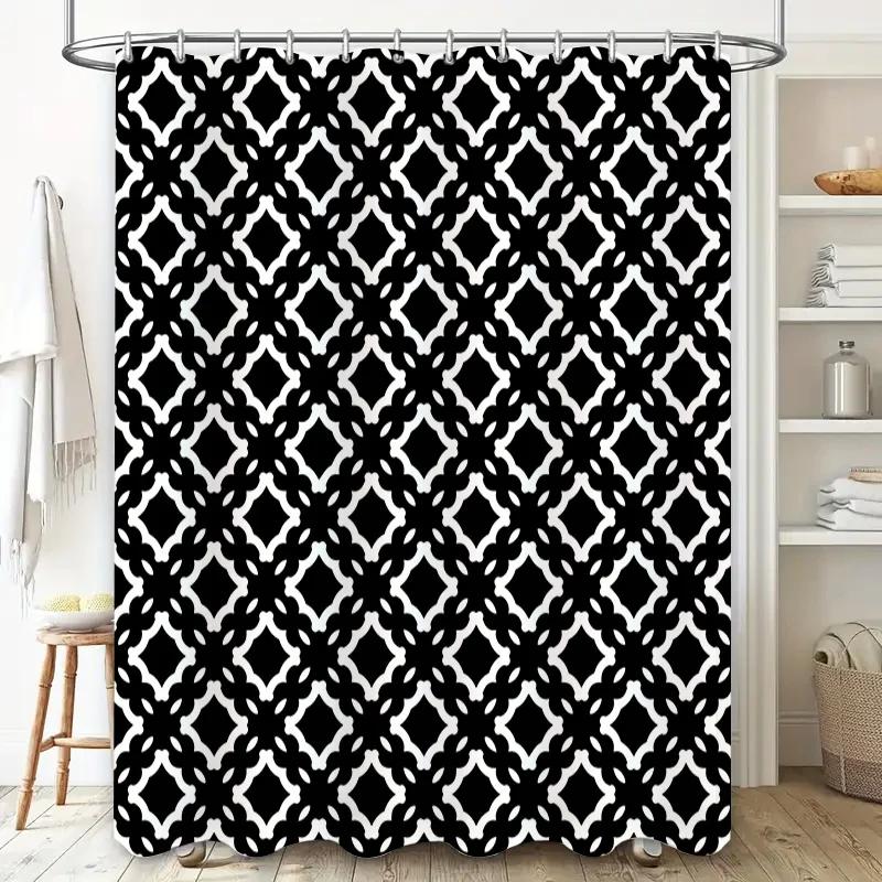 Black White Geometric Shower Curtain for Bathroom Decor Water-Resistant Fabric, No-Slip Grip Size: 72 X 84 Inches (183cmx213cm)