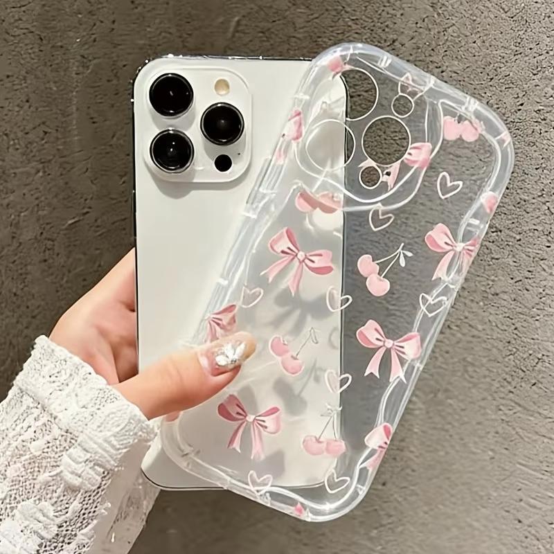 Pink Cherry Bowknot Pattern Wavy-edge Phone Case For iPhone 17 Pro Max 16 15 14 Plus 13 12 11 Pro Max 16e 17e Transparent Cover