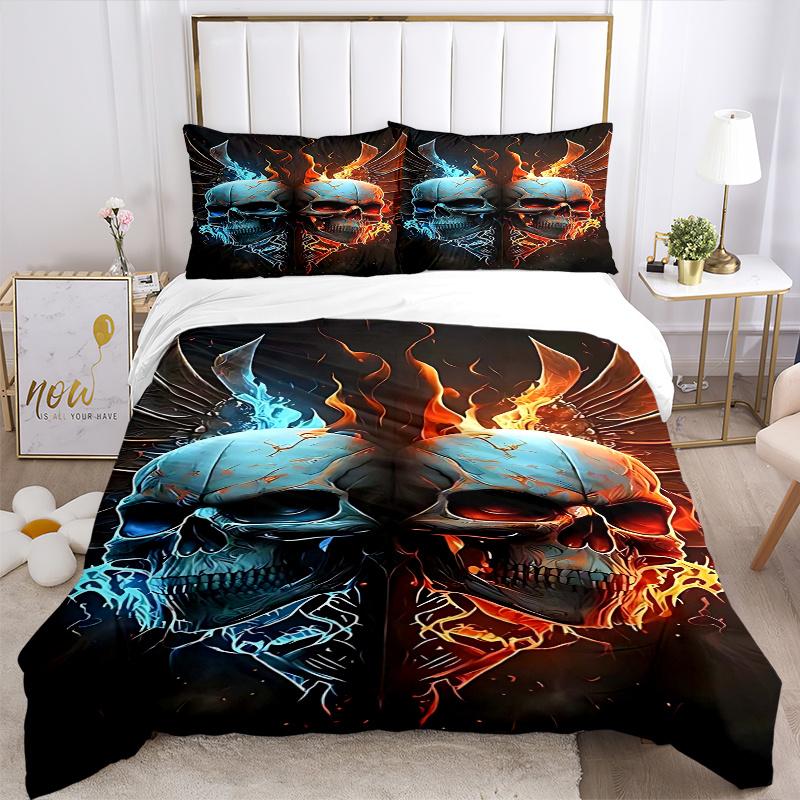 3pcs Anime Skulls Flames Wings Comforter Set with One Quilt Cover and Two Pillowcases (No Core) - Home Decor, Festival Gift, Polyester Fabric, Bedroom
