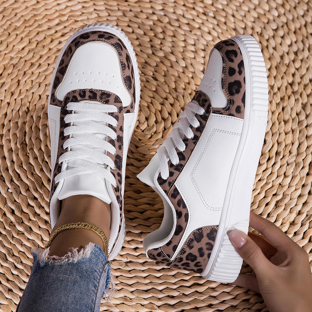 Women Leopard Print Skate Sneakers Low Top Lace Up Walking Shoes Casual Street Fashion Daily Travel Footwear Everyday Comfortable
