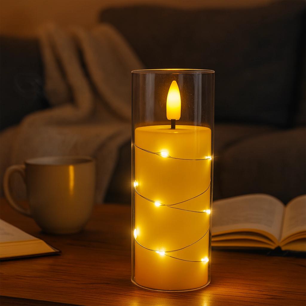 LED Pillar Candle with String Lights and Remote Control - 3 Sizes