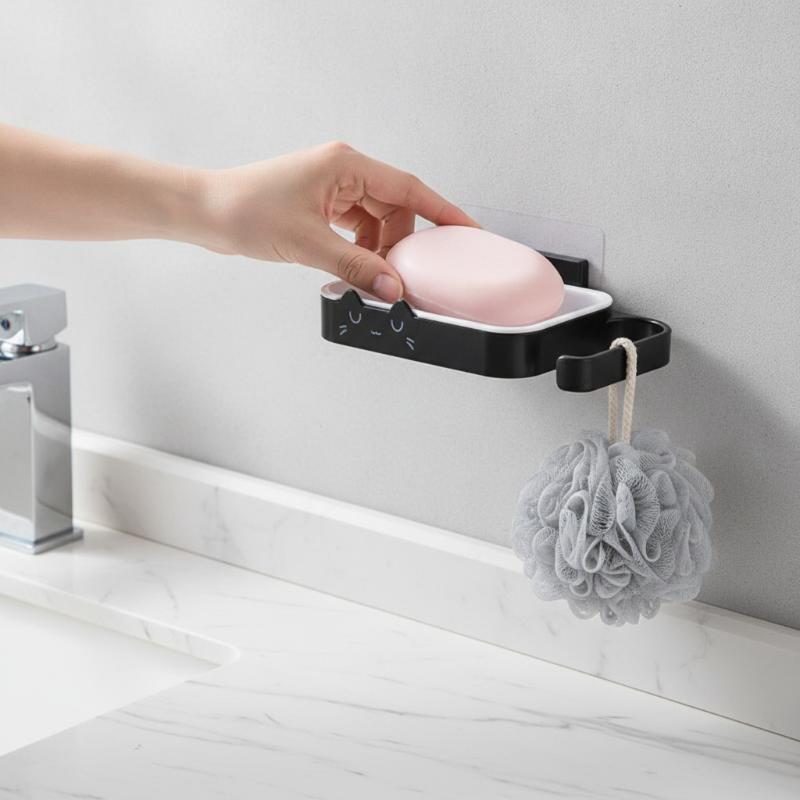 Wall Mounted Cat Shape Hanging Soap Dish Drain Rack Bathroom Kitchen Shower Soap Holder Storage Tray Cleaning