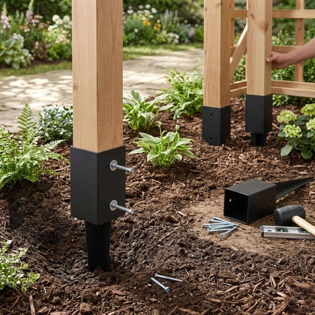 Set of Two Metal Bases with Anchors for Wooden Poles, Galvanized Steel