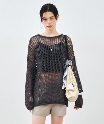 MONGDOL Paper Net See-Through Knit Top Charcoal Mdkt126Charcoal