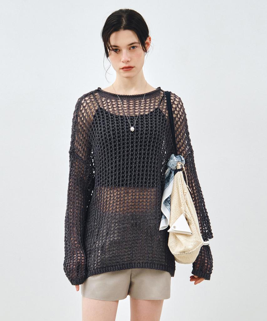 MONGDOL Paper Net See-Through Knit Top Charcoal Mdkt126Charcoal