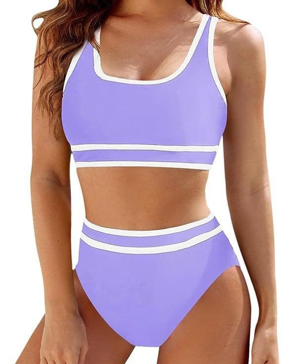 Bikini de Color Sólido de Cintura Alta para Mujer Traje de Dos Piezas Ropa de Playa Multicolor