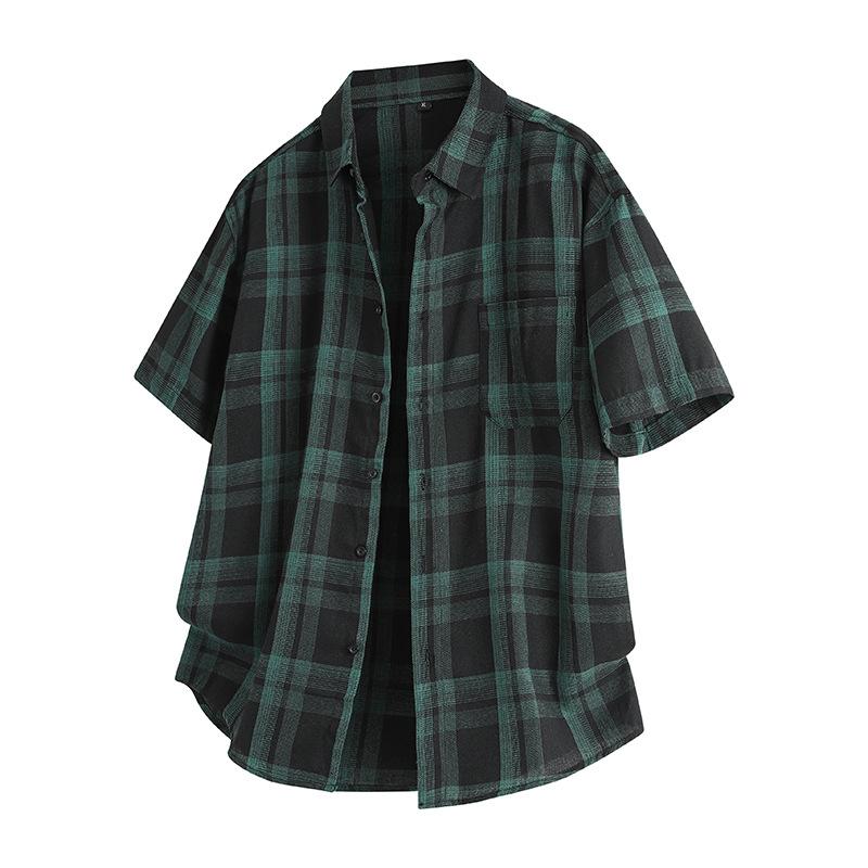 Men Oversized Short Sleeve Plaid Shirt Button Down Casual Loose Fit Streetwear Top