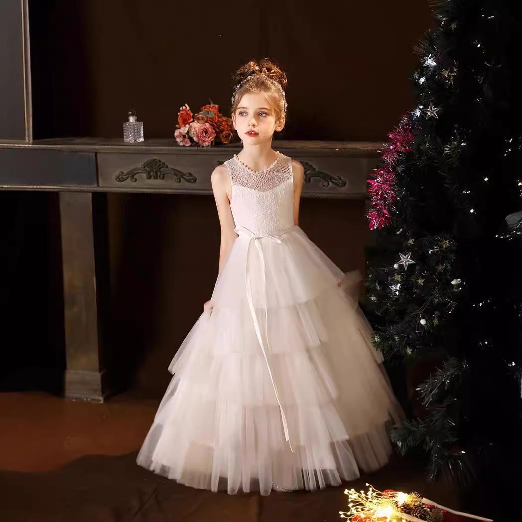 

Elegant Tulle Fluffy Flower Girl Dress Sleeveless Bridesmaid Dresses Little Princess Girls Birthday Party Evening Gowns 160 слонова кістка