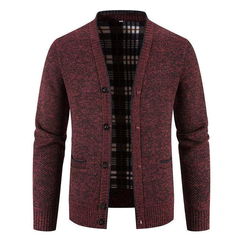 Men's Light Gray V-Neck Button Cardigan Sweater with Chest Pockets and Plaid Lining