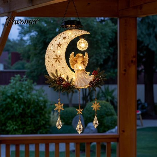 Weather Resistant Resin Ornament Solar Angel Moon Light, Christmas Hanging Lantern with Warm Glow, Garden Patio Yard Decoration Outdoor for