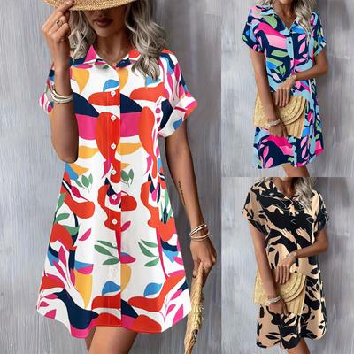Damen Sommer Kurzarm Revers Knopf bedrucktes Hemdblusenkleid