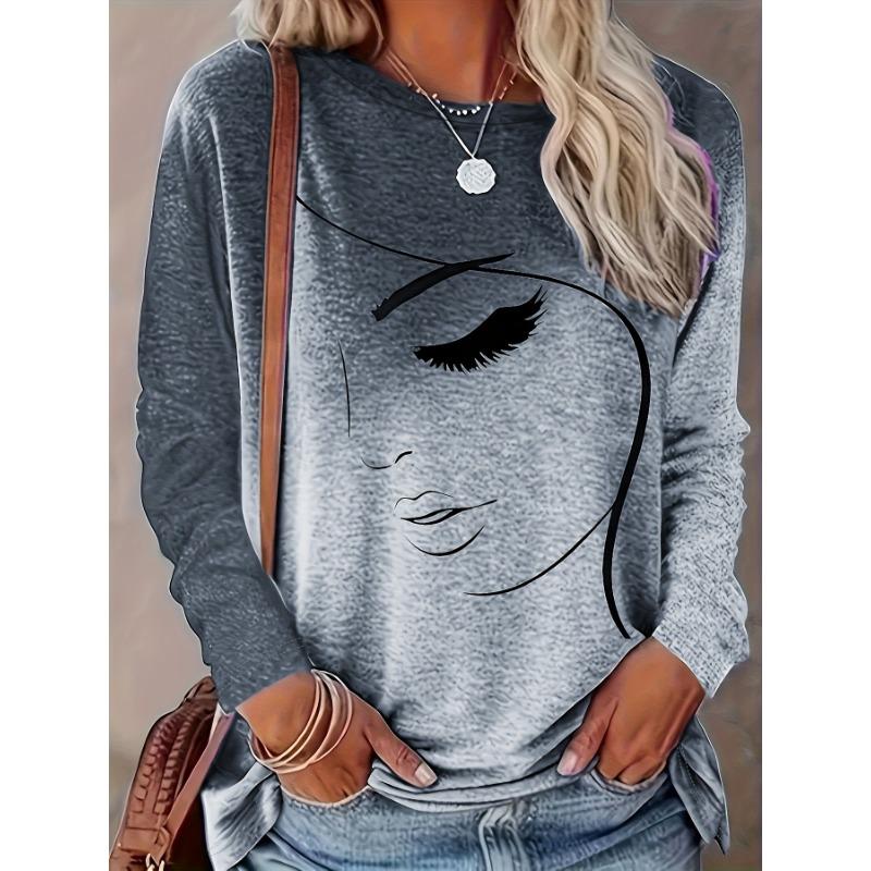 Abstract printed round neck T-shirt, women s spring and autumn casual long-sleeved tops S