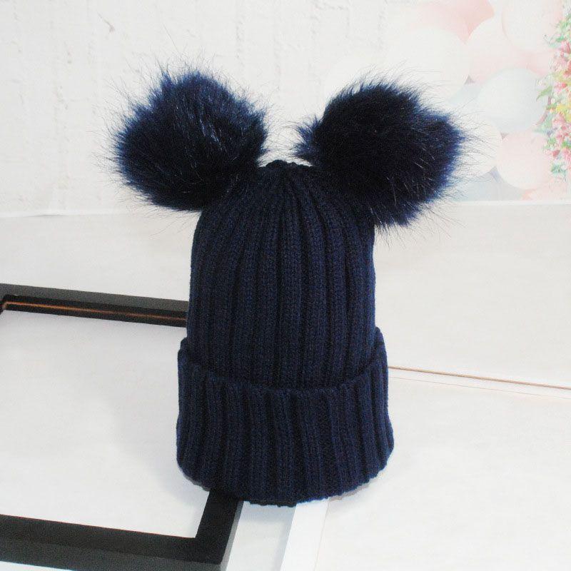 Căciulă Tricotată de Iarnă pentru Doamne Femei cu Ciucure Pufos Dublu de Blană, Căciulă de Schi