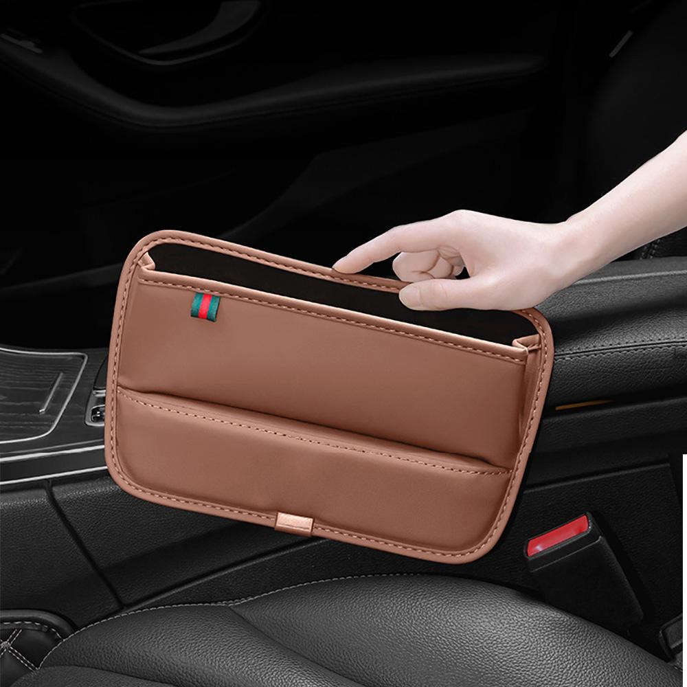 Car Console Side Seat Gap Filler Brown PU Leather Front Seat Organizer Universal