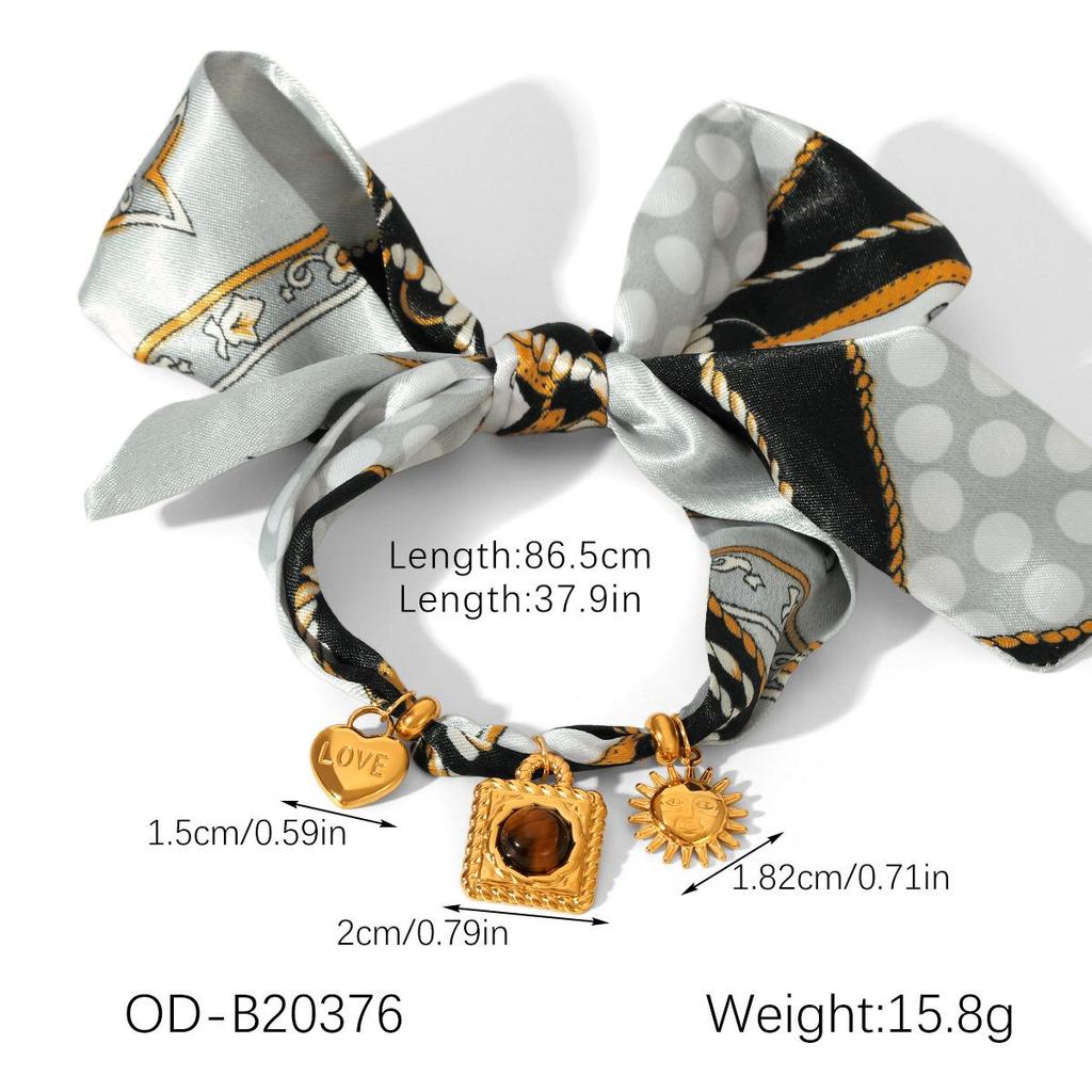 Stainless Steel Heart Pendant Jewelry Set with Tiger's Eye Vintage Necklace and Ribbon Chain Bracelet