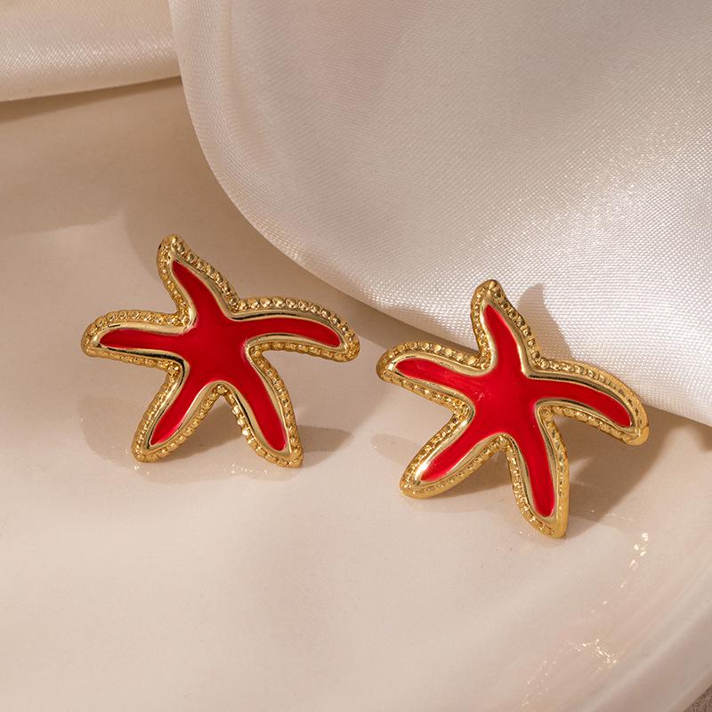 Colorful Drip Oil Starfish Mother-of-Pearl Pearl Stainless Steel Stud Earrings - Women's Non-Fading Light Luxury