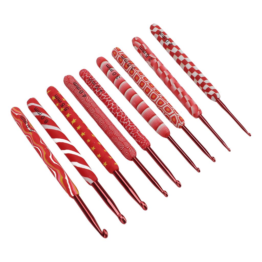 9pcs Crochet Hooks Differentiable Sizes Red Handle Ergonomic Grip Aluminum Material Knitting
