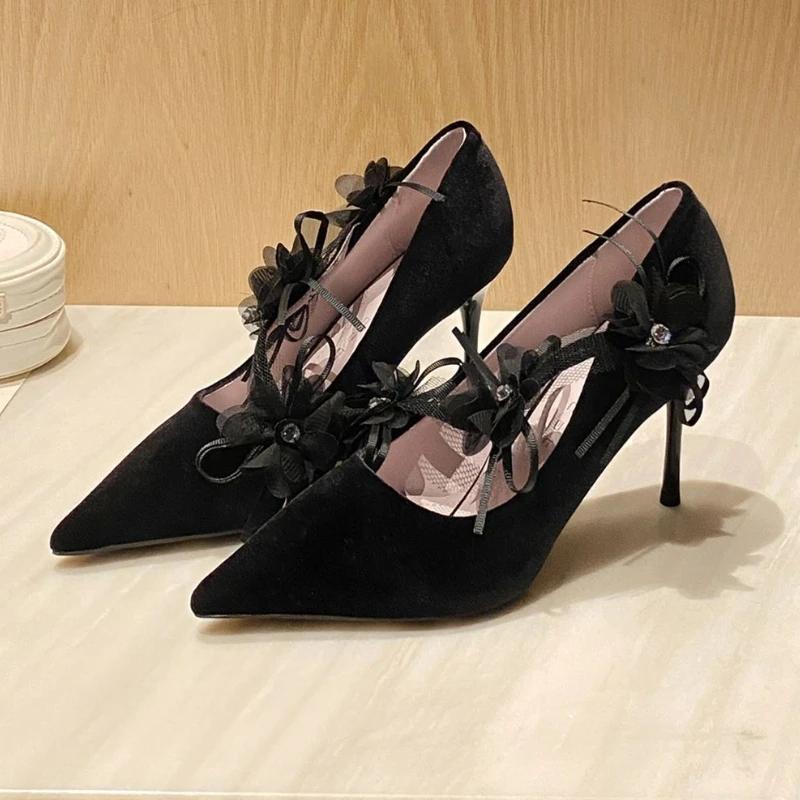 Fashion Elegant Lace Flower Brand Pumps Women Luxury Rhinestone Decoration Designer Shoes High Quality Faux Suede Shallow Evening Shoes