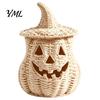 Rustic Fall Aesthetic Halloween Pumpkin Lantern Tabletop Decor, Woven Witch Hat Candy Bowl & LED Gothic Home Decor Prop, Centerpiece for Shelf Mantel