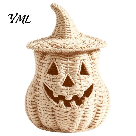 Rustic Fall Aesthetic Halloween Pumpkin Lantern Tabletop Decor, Woven Witch Hat Candy Bowl & LED Gothic Home Decor Prop, Centerpiece for Shelf Mantel
