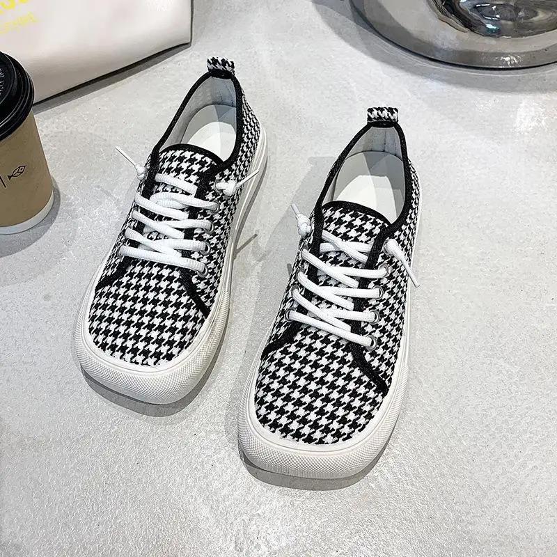 Platform Canvas Shoes for Women New Square Toe Laces Korean Fashion Sneakers Plaid Leopard Print Student Single-Layer Shoes