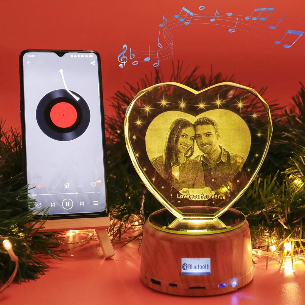 Personalized Heart Night Light 3D Crystal Lamp Custom Photo Picture Engraved Led Light 7 Color with Music Wood Base Personalized Gift for Women