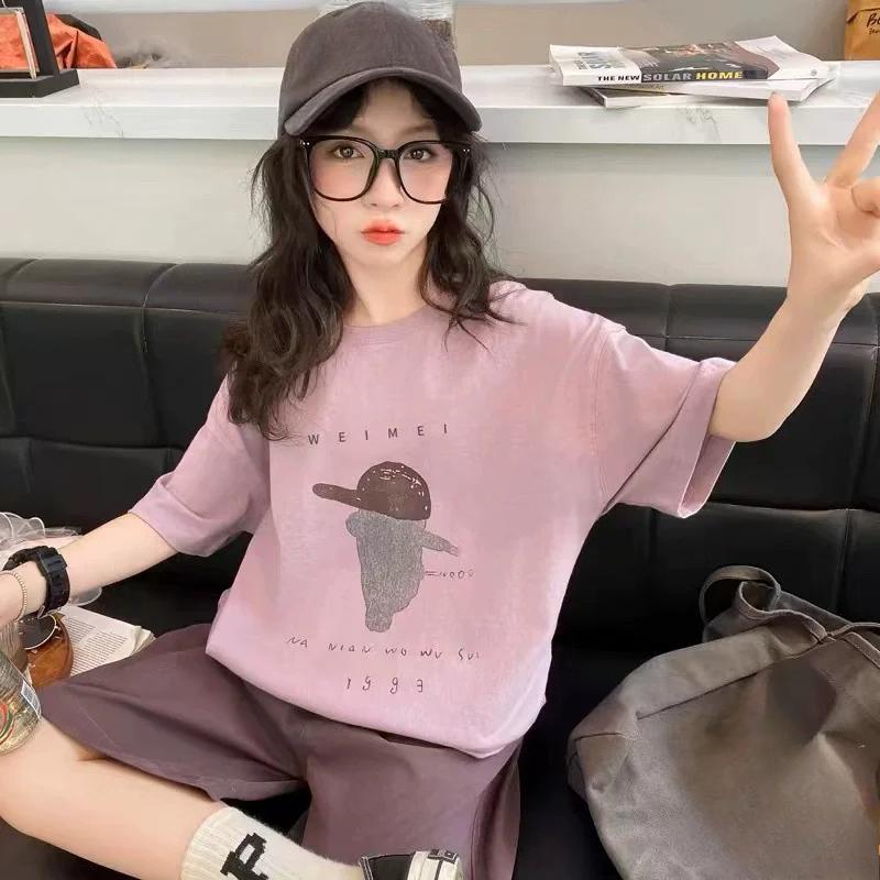 Summer Girls Cotton Alphabet Cartoon Print Loose T-Shirt Tops+Shorts Pant Sets School Kids 2PCS Tracksuit Children Outfit 5-16Yr