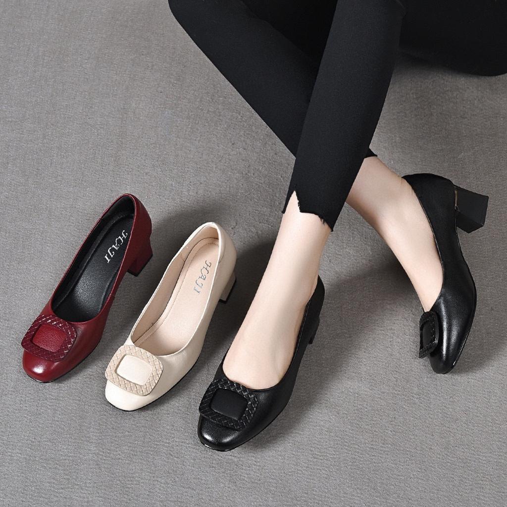 2025 spring and summer new round head square buckle high heels first layer cowhide shallow thick heel work shoes comfortable square heel women's shoes