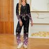Women's V-Neck Loose Fit Printed Long Sleeve Pajama Set with Pockets - Casual Sleepwear Loungewear Set