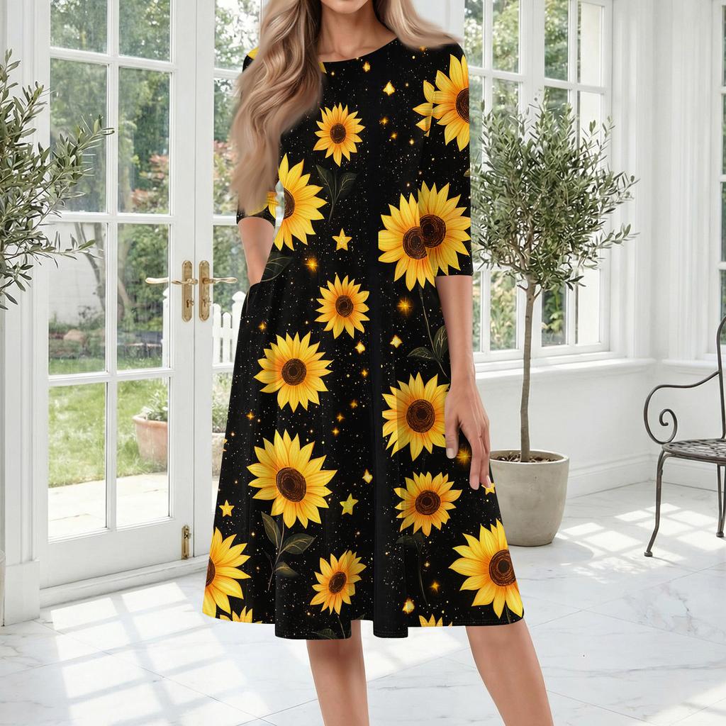 Women’s Floral Print Midi Dress with Crew Neck Three Quarter Sleeves Soft Fabric Casual A Line Fit for Daily Wear